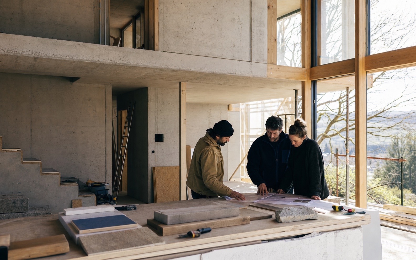 Architecture team reviewing plans on a construction site